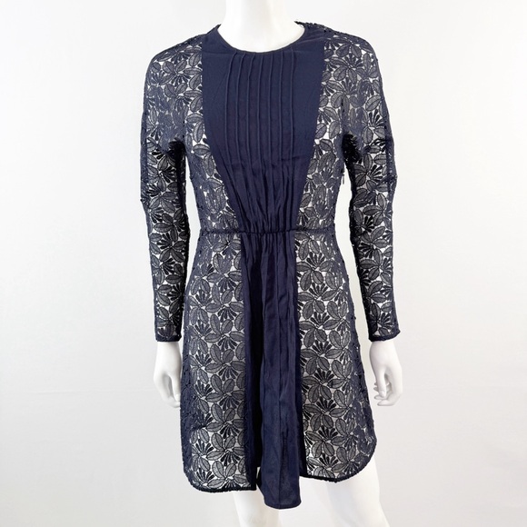 Maje Dresses & Skirts - Maje Navy Blue REPINE Lace Mini Dress Size 4 Long Sleeve Formal Sheer Cocktail